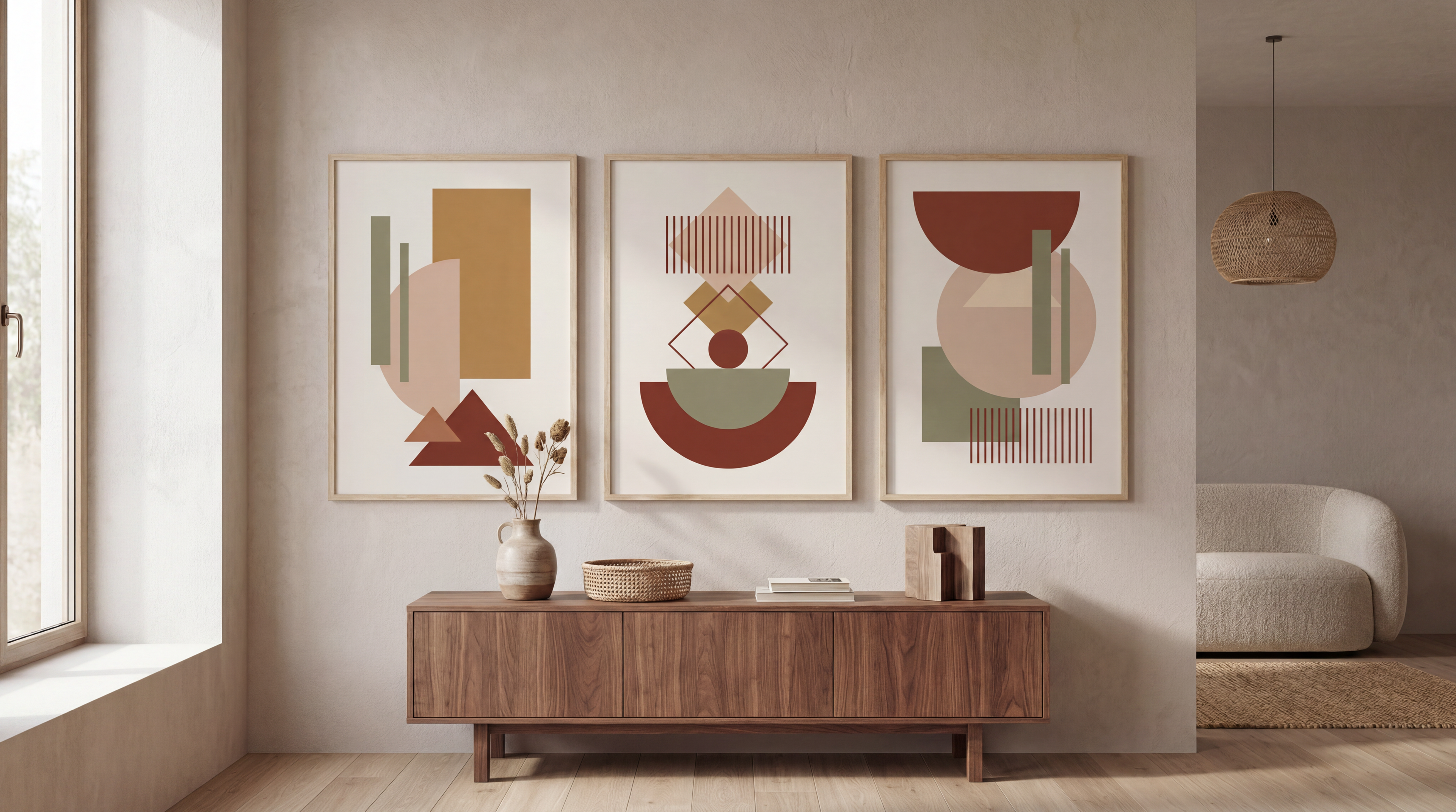 Three abstract geometric wall art prints in earthy tones styled above a wooden console table in a warm neutral living room