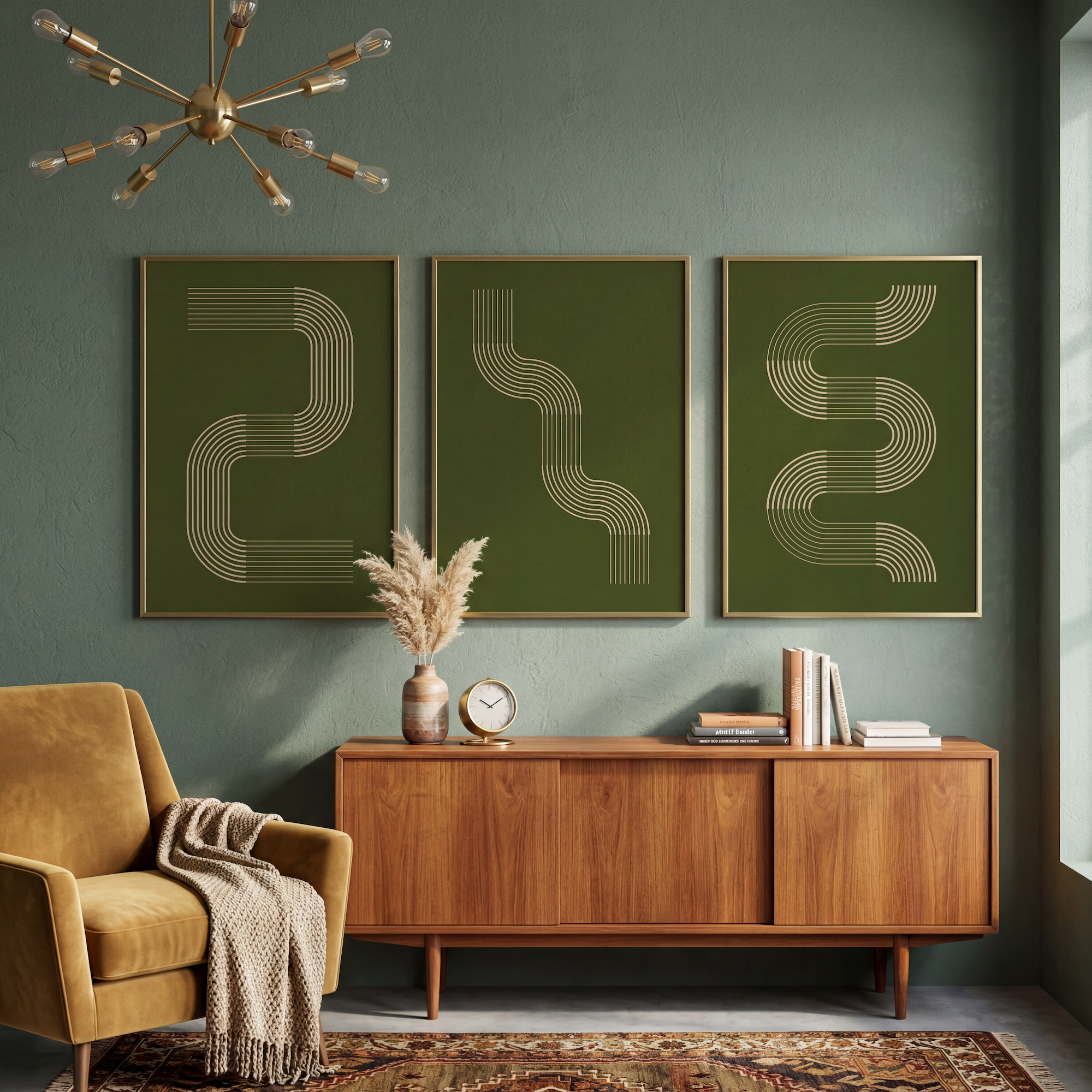 Three large abstract line art prints in olive green styled above a wooden sideboard in a warm eclectic living room